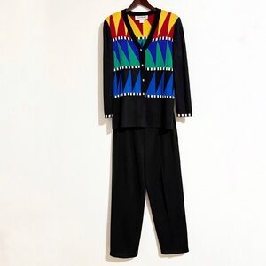 Vintage 80s Eric Steven Colorful Knit Cardigan Pant Set